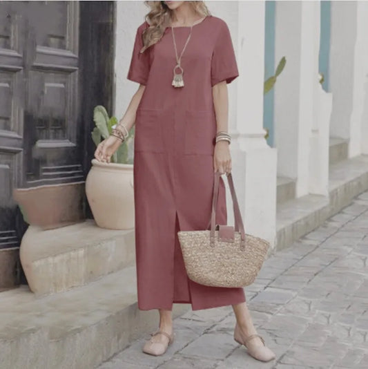 Midi Dresses- Women's Loose Fit Midi Dress for BBQs & Summer Outings- red- Chuzko Women Clothing
