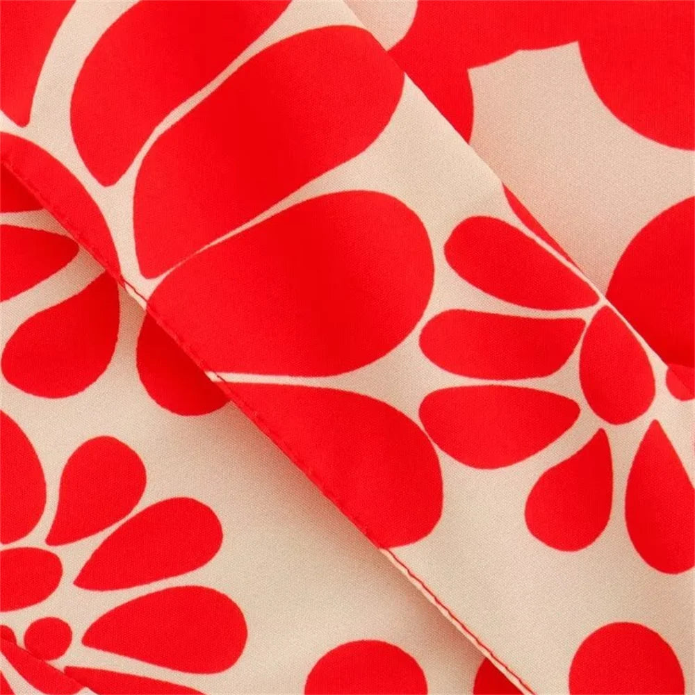 Midi Dresses- Women's Red Floral Print Midi Dress for Events- - Chuzko Women Clothing