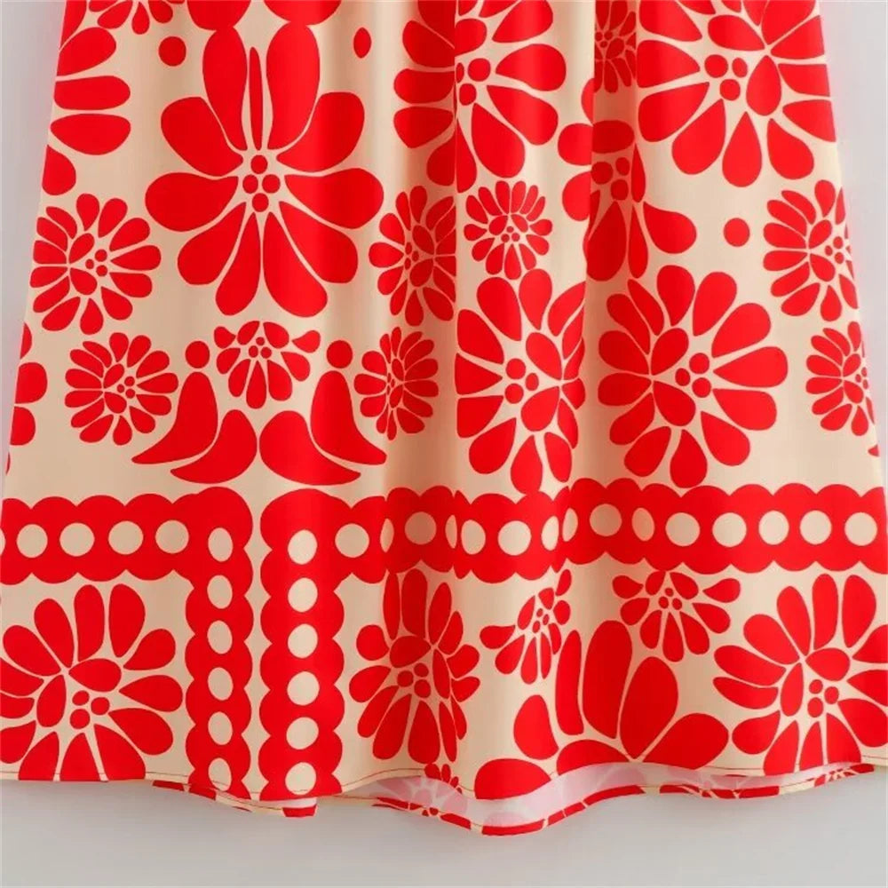 Midi Dresses- Women's Red Floral Print Midi Dress for Events- - Chuzko Women Clothing