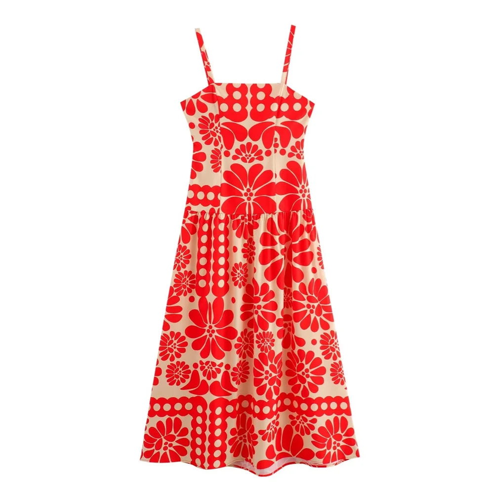 Midi Dresses- Women's Red Floral Print Midi Dress for Events- red- Chuzko Women Clothing