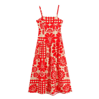Midi Dresses- Women's Red Floral Print Midi Dress for Events- red- Chuzko Women Clothing