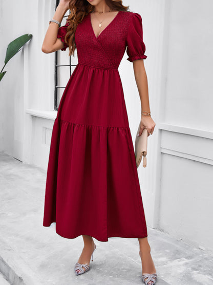 Midi Dresses- Women's Smocked Bodice Midi Dress with Solid Puff Sleeves- Wine Red- Chuzko Women Clothing