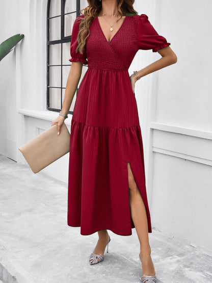 Midi Dresses- Women's Smocked Bodice Midi Dress with Solid Puff Sleeves- - Chuzko Women Clothing