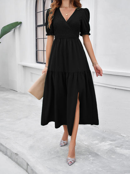 Midi Dresses- Women's Smocked Bodice Midi Dress with Solid Puff Sleeves- - Chuzko Women Clothing