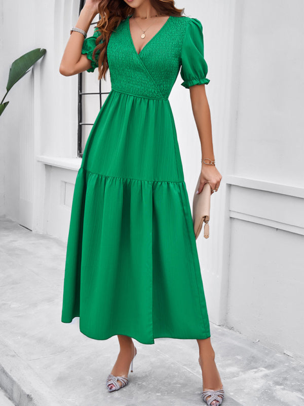 Midi Dresses- Women's Smocked Bodice Midi Dress with Solid Puff Sleeves- Grass green- Chuzko Women Clothing