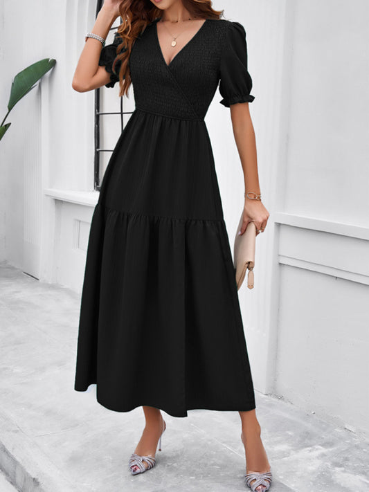 Midi Dresses- Women's Smocked Bodice Midi Dress with Solid Puff Sleeves- Black- Chuzko Women Clothing