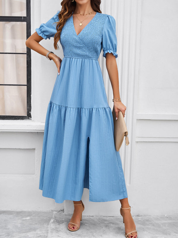 Midi Dresses- Women's Smocked Bodice Midi Dress with Solid Puff Sleeves- Blue- Chuzko Women Clothing