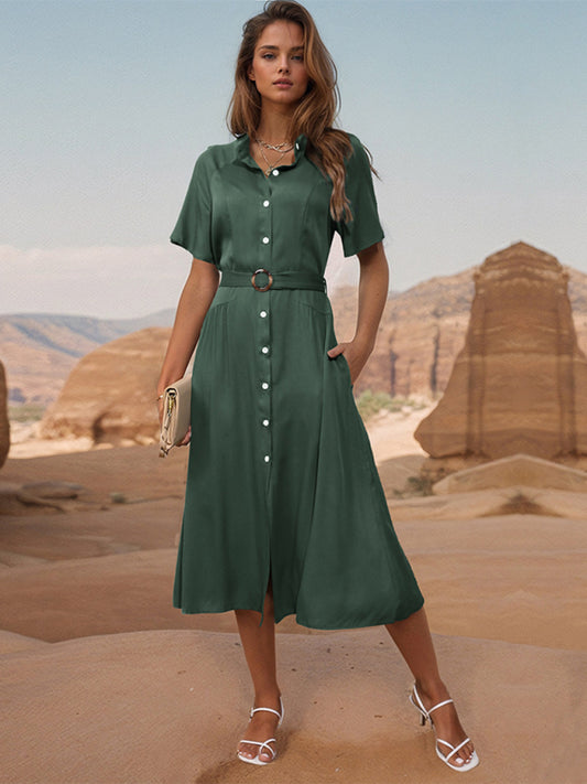 Midi Dresses- Women's Solid Button-Up A-Line Midi Dress with Waist Belt- Olive green- Chuzko Women Clothing