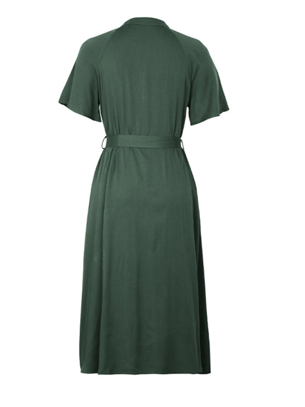 Midi Dresses- Women's Solid Button-Up A-Line Midi Dress with Waist Belt- - Chuzko Women Clothing