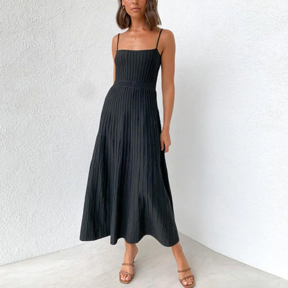 Midi Dresses- Women's Summer Knit Cami Midi Dress in Pleated Style- Black- Chuzko Women Clothing