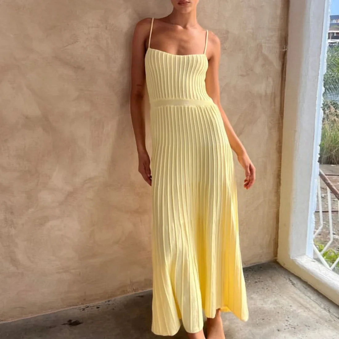 Midi Dresses- Women's Summer Knit Cami Midi Dress in Pleated Style- Yellow- Chuzko Women Clothing