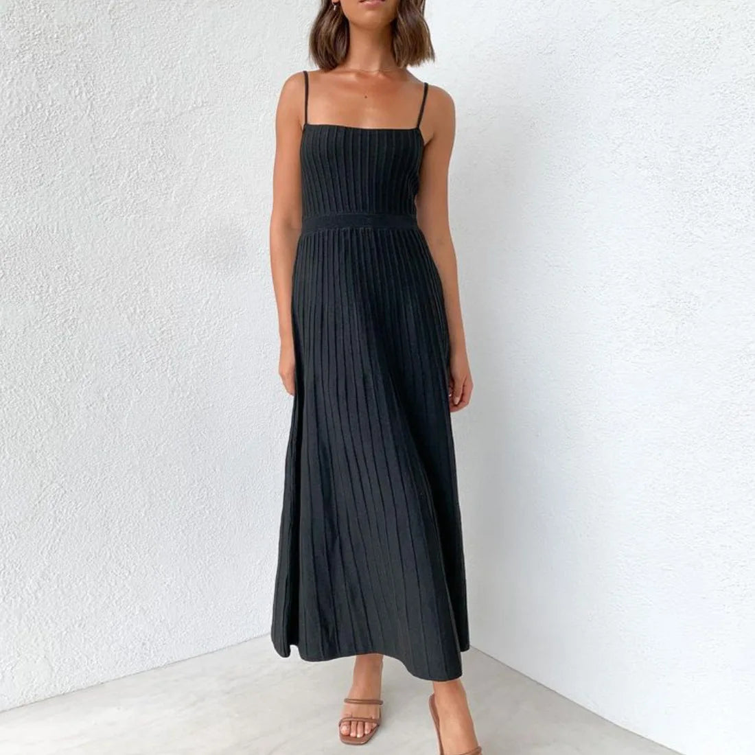 Midi Dresses- Women's Summer Knit Cami Midi Dress in Pleated Style- - Chuzko Women Clothing