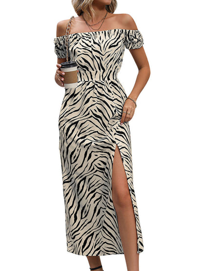 Midi Dresses- Women's Zebra Print Sheath Off Shoulder Slit Midi Dress- - Chuzko Women Clothing