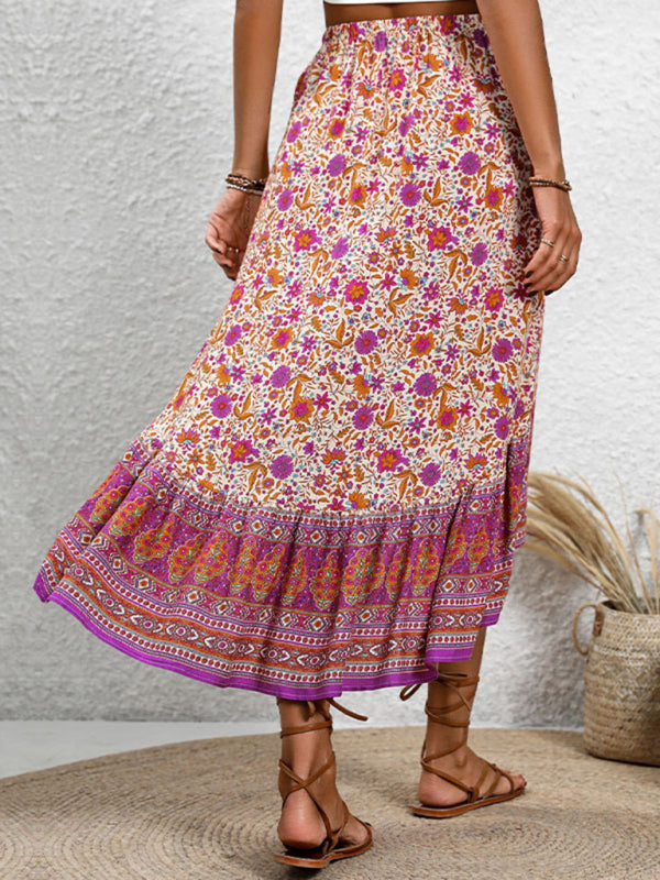 Midi Skirts- Floral Women's Boho High-Low Ruffle Midi Skirt- - Chuzko Women Clothing