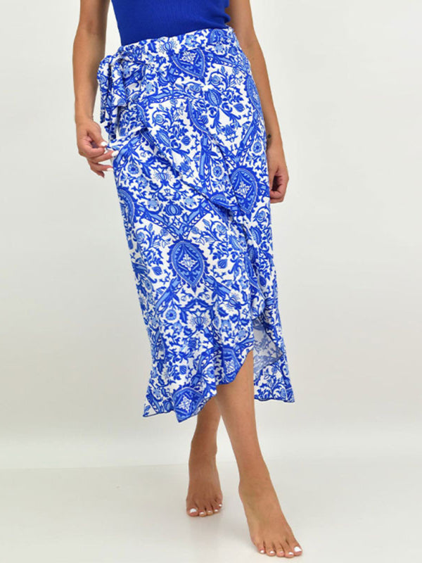 Midi Skirts- Women's Floral High-Low Wrap Midi Skirt in Blue- - Chuzko Women Clothing