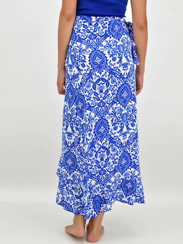 Midi Skirts- Women's Floral High-Low Wrap Midi Skirt in Blue- - Chuzko Women Clothing