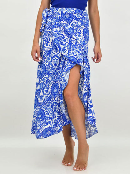 Midi Skirts- Women's Floral High-Low Wrap Midi Skirt in Blue- - Chuzko Women Clothing