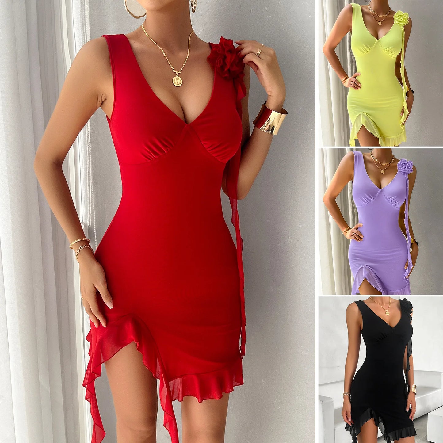 Cocktail Style Bodycon Dress with Ruffle Accents