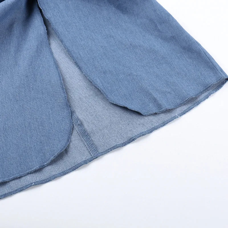Denim Blue Bodycon Wrap Skirt Mini Dress with Floral Applique for Women