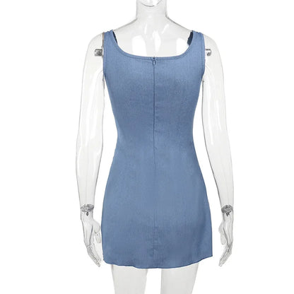 Denim Blue Bodycon Wrap Skirt Mini Dress with Floral Applique for Women