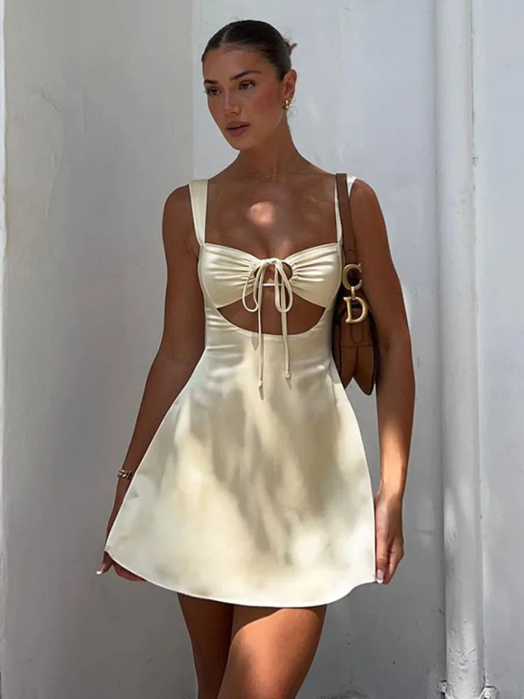 Mini Dresses- Elegant Cream A-Line Mini Dress for Cocktails- - Chuzko Women Clothing