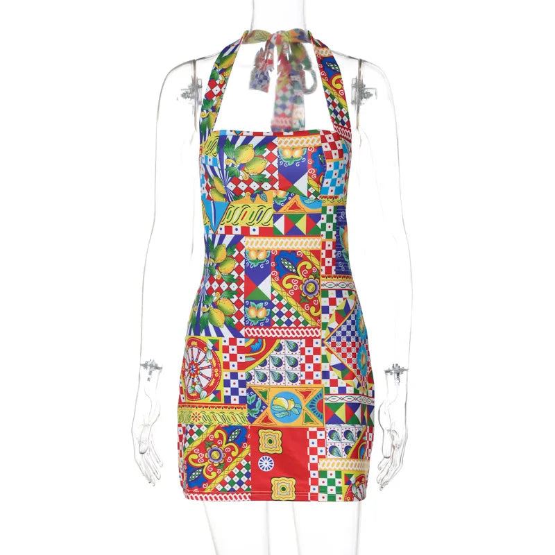 Mini Dresses- Festival Colorful Geometric Print Halter Dress- - Chuzko Women Clothing