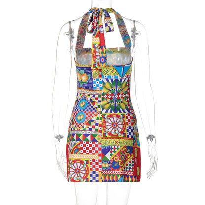 Mini Dresses- Festival Colorful Geometric Print Halter Dress- - Chuzko Women Clothing