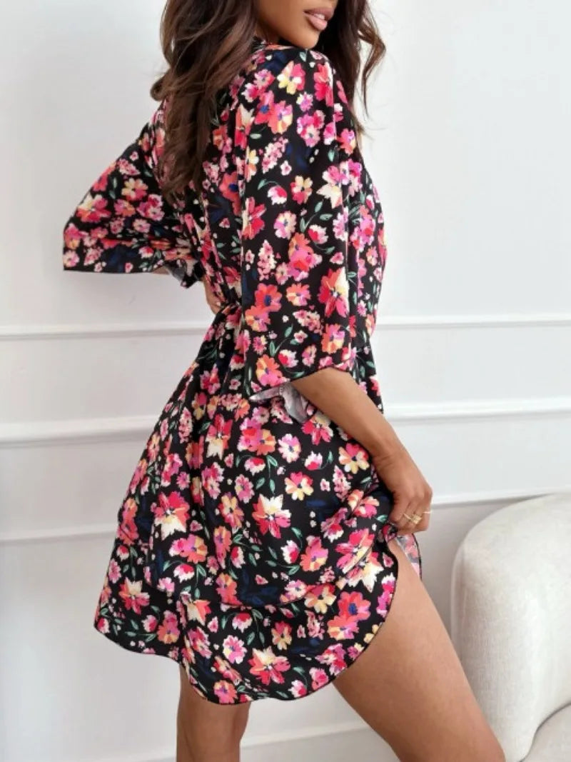 Floral Plunge A-Line Dress with Kimono Sleeves