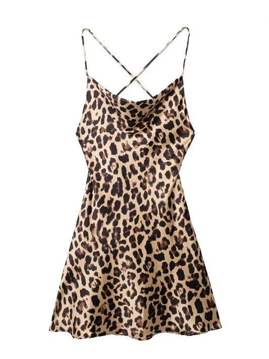 Mini Dresses- Leopard Print Cowl Neck Cocktail Dress- Leopard Print- Chuzko Women Clothing