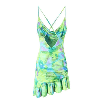 Party Abstract Green Print Mini Dress with Cowl Neck