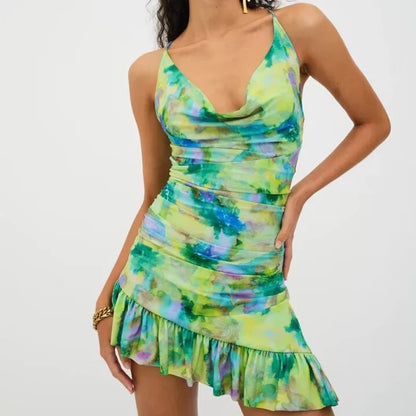 Party Abstract Green Print Mini Dress with Cowl Neck