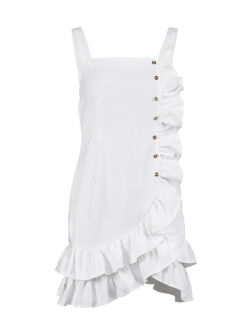 Mini Dresses- Solid Layered Ruffle Cami Sundress with Side Buttons Applique- White- Chuzko Women Clothing