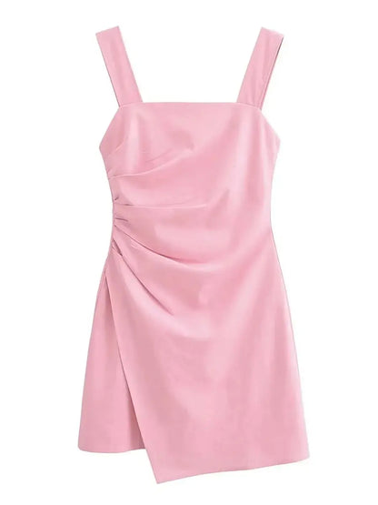 Mini Dresses- Solid Square Neck Mini Dress for Summer Cocktails- Pink- Chuzko Women Clothing