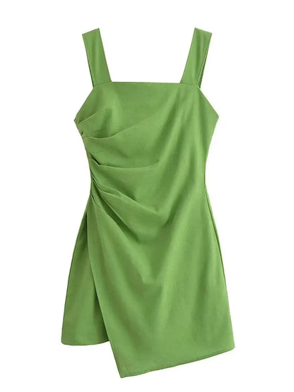 Mini Dresses- Solid Square Neck Mini Dress for Summer Cocktails- Green- Chuzko Women Clothing