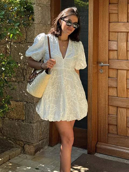 Summer Embroidered A-Line Puff Sleeves Dress