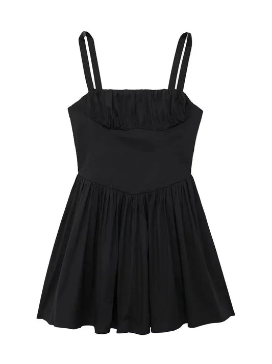 Mini Dresses- Summer Fit & Flare Black Dress with Pleats- Black- Chuzko Women Clothing