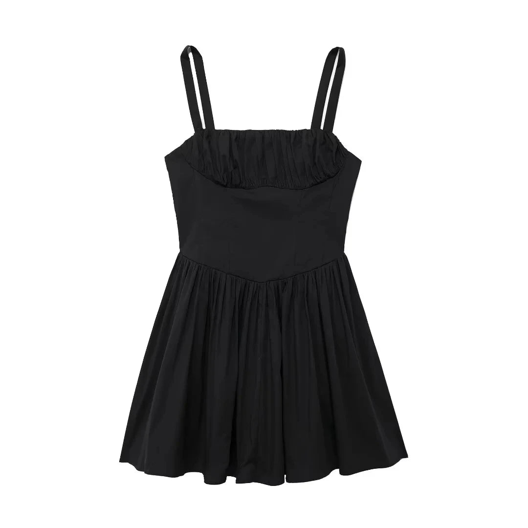 Mini Dresses- Summer Fit & Flare Black Dress with Pleats- - Chuzko Women Clothing