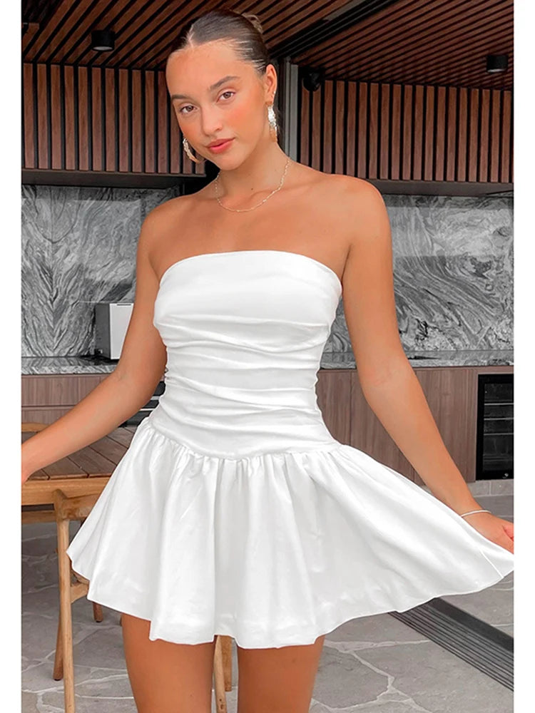 Mini Dresses- Summer Strapless Fit and Flare Mini Dress with Smocked Back- Chuzko Women Clothing