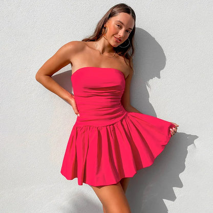 Mini Dresses- Summer Strapless Fit and Flare Mini Dress with Smocked Back- Chuzko Women Clothing