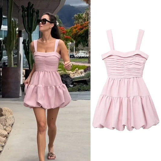 Mini Dresses- Sweet Blush Ruffled Dress for Sunny Outings- Pink- Chuzko Women Clothing
