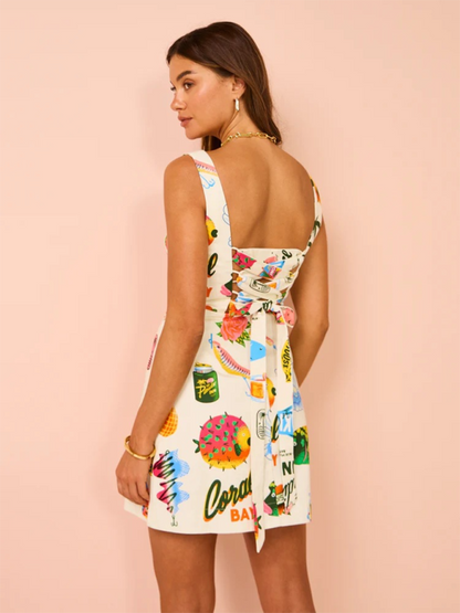 Mini Dresses- Tropical Print Lace-Up Mini Dress for Festivals- - Chuzko Women Clothing