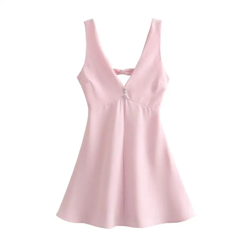 Mini Dresses- V-Open Back Mini Dress for Summer Cocktails- pink- Chuzko Women Clothing