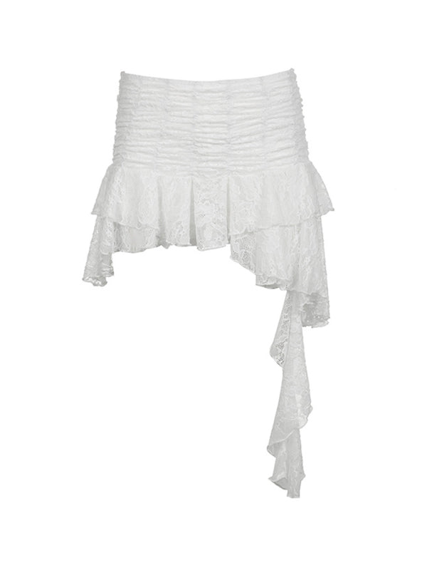 Mini Skirts- Layers Asymmetric Ruffle Lace Smocked Mini Skirt for Women- - Chuzko Women Clothing