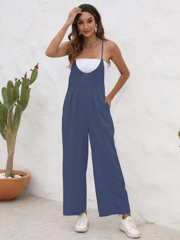 Overalls- Full-Length Bib Playsuit with Tie-Back - Women's Solid Overalls- - Chuzko Women Clothing