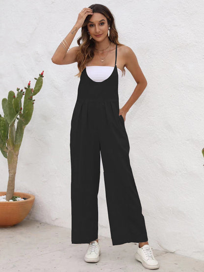 Overalls- Full-Length Bib Playsuit with Tie-Back - Women's Solid Overalls- - Chuzko Women Clothing