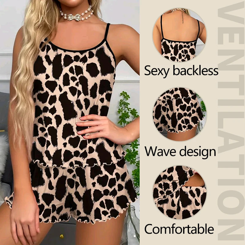 Animal Print Peplum Set - Cami & Shorts Leopard Loungewear