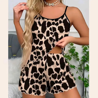 Animal Print Peplum Set - Cami & Shorts Leopard Loungewear