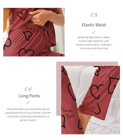 Pajamas- Love at First Wear Comfy Women's Heart Print Pajama Set- - Chuzko Women Clothing