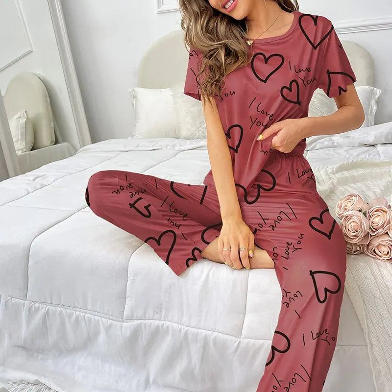 Pajamas- Love at First Wear Comfy Women's Heart Print Pajama Set- - Chuzko Women Clothing