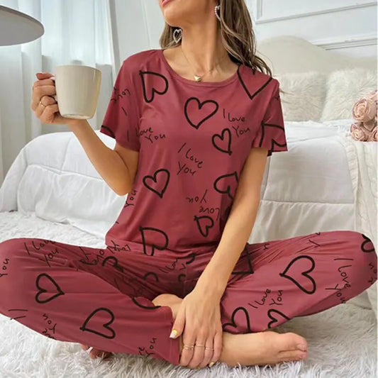 Pajamas- Love at First Wear Comfy Women's Heart Print Pajama Set- L M S XL- Chuzko Women Clothing
